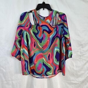 New York & Co Colorful Abstract Front Cross Cold Shoulder 3/4 Sleeve Top L‎ New